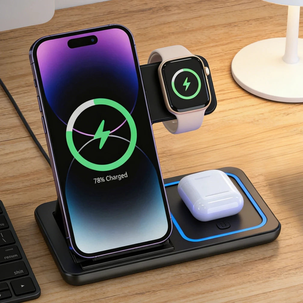 Foldable 3-in-1 Wireless Charging Station for iphone, Apple Watch & AirPods