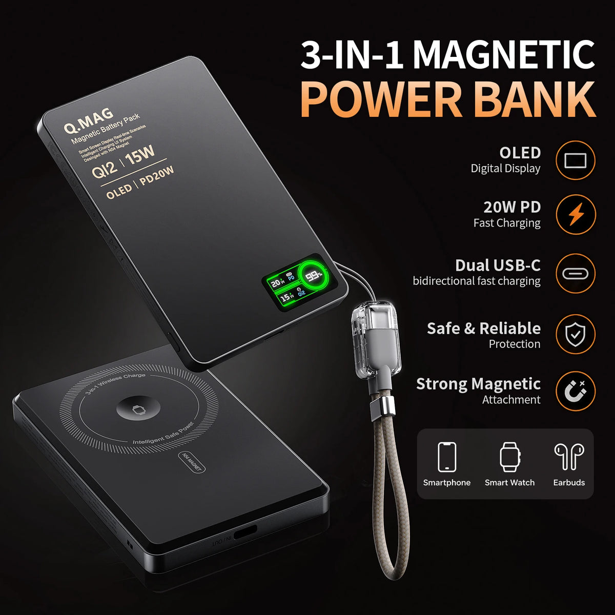 3-in-1 Magnetic Wireless Power Bank 10,000mAh for iPhone, AirPods & Apple Watch